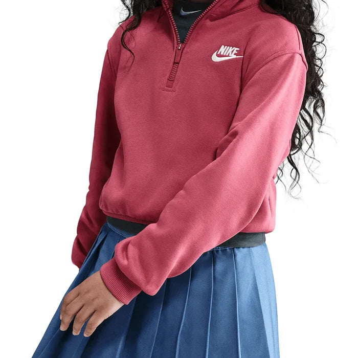 Girls' Sportswear Club Fleece 1/2-Zip Long-Sleeve Top Sweet Beet and White