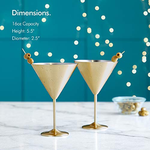 Gold Martini Cocktail Glasses, Brushed Gold Stainless Steel, Set of 2 with Gift Box - EK CHIC HOME