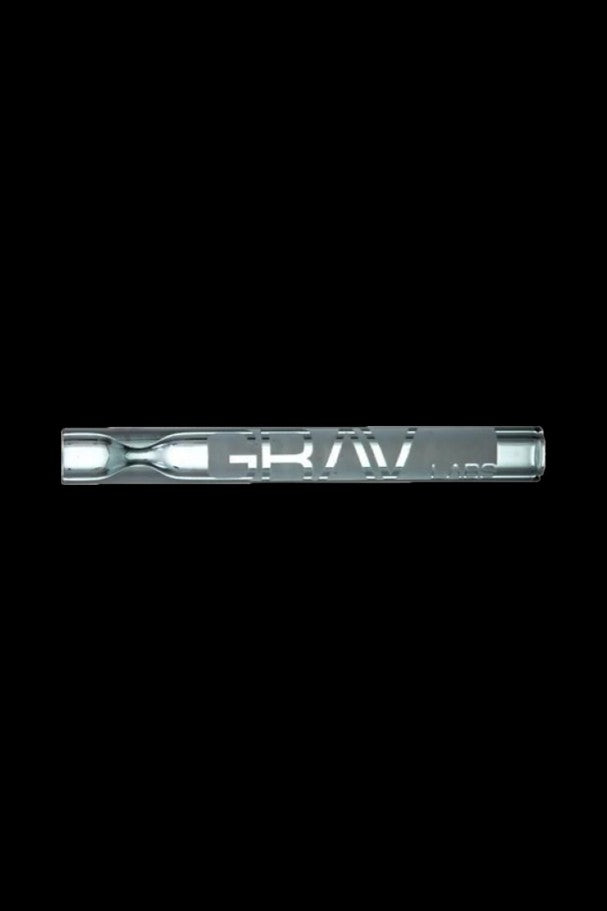 Centered horizontal view of a clear glass GRAV® Taster Pipe with its logo visible against a black background.