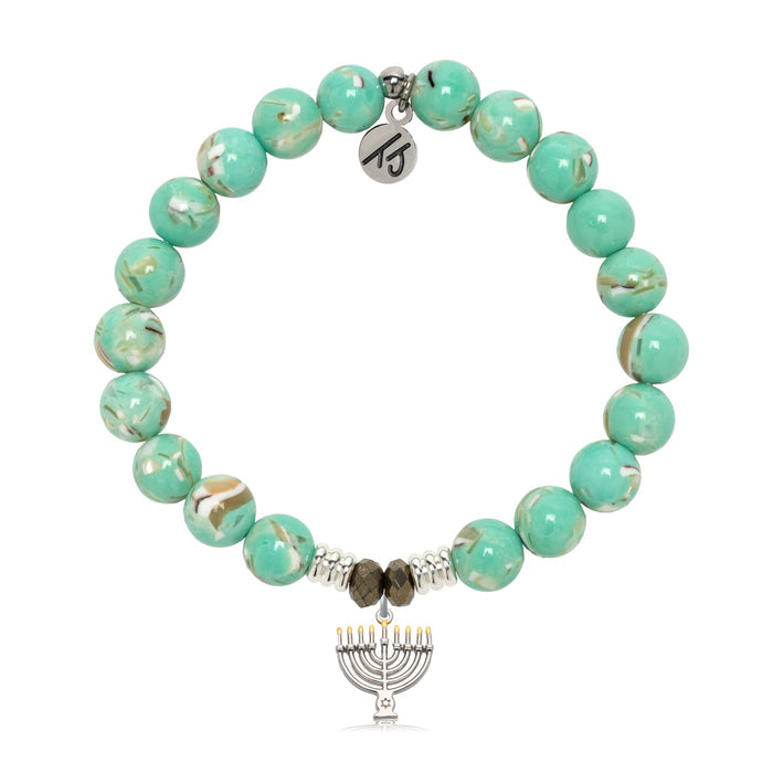 Green Shell Gemstone Bracelet with Menorah Sterling Silver Charm