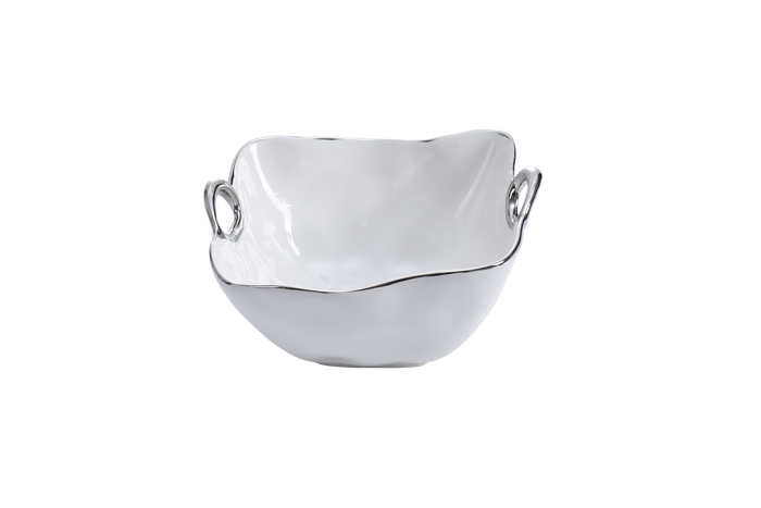 The PAMPA BAY Handle Bowl Silver Trim is a high-fired white porcelain bowl with a wavy rim and two silver handles, shown against a plain white background.