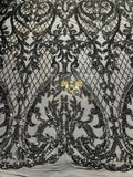 Heart Shape Sequins Fabric - Black - 4 Way Stretch Sequins Damask Fabric By Yard