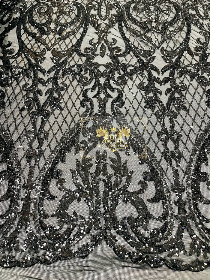 Heart Shape Sequins Fabric - Black - 4 Way Stretch Sequins Damask Fabric By Yard