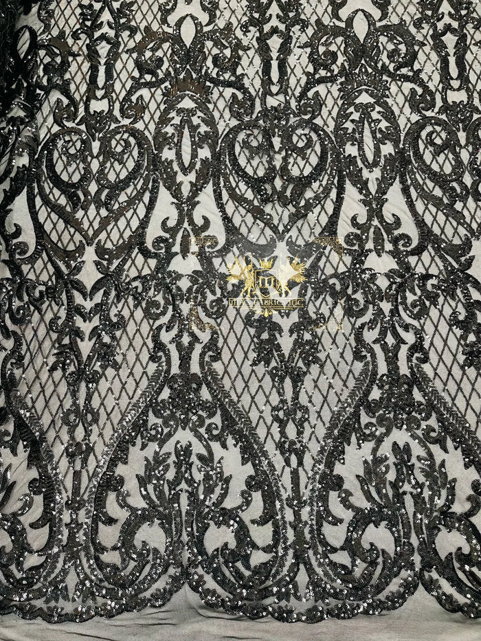 Heart Shape Sequins Fabric - Black - 4 Way Stretch Sequins Damask Fabric By Yard