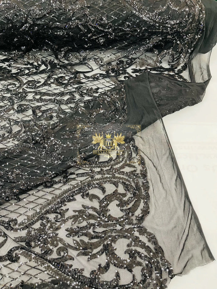 Heart Shape Sequins Fabric - Black - 4 Way Stretch Sequins Damask Fabric By Yard
