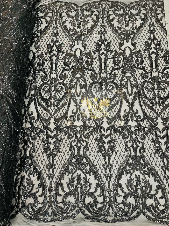 Heart Shape Sequins Fabric - Black - 4 Way Stretch Sequins Damask Fabric By Yard