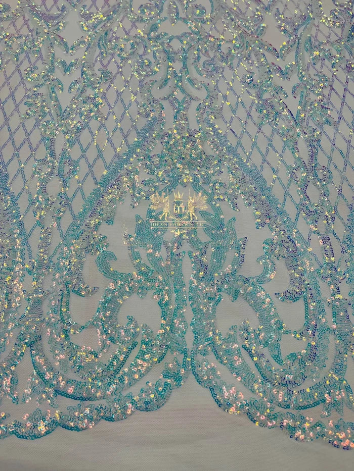 Heart Shape Sequins Fabric - Clear Iridescent - 4 Way Stretch Sequins Damask Fabric By Yard