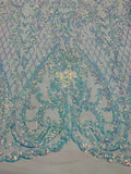 Heart Shape Sequins Fabric - Clear Iridescent - 4 Way Stretch Sequins Damask Fabric By Yard
