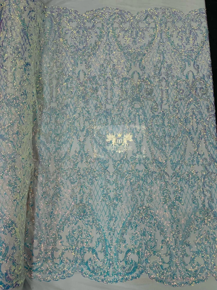 Heart Shape Sequins Fabric - Clear Iridescent - 4 Way Stretch Sequins Damask Fabric By Yard