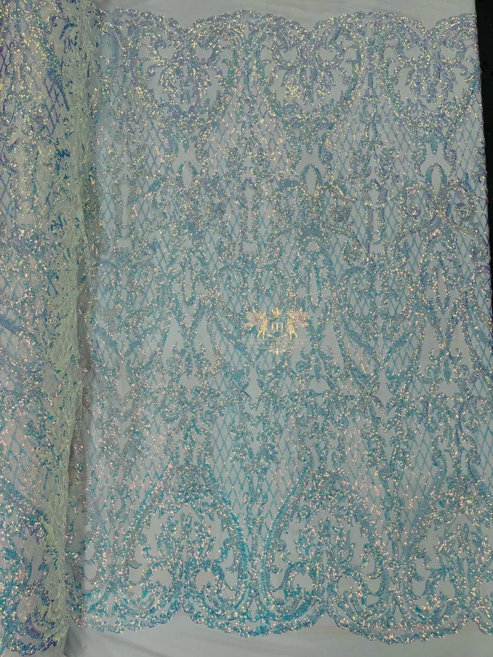 Heart Shape Sequins Fabric - Clear Iridescent - 4 Way Stretch Sequins Damask Fabric By Yard