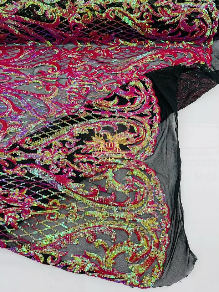 Heart Shape Sequins Fabric - Fuchsia / Orange Iridescent - 4 Way Stretch Sequins Damask Fabric By Yard