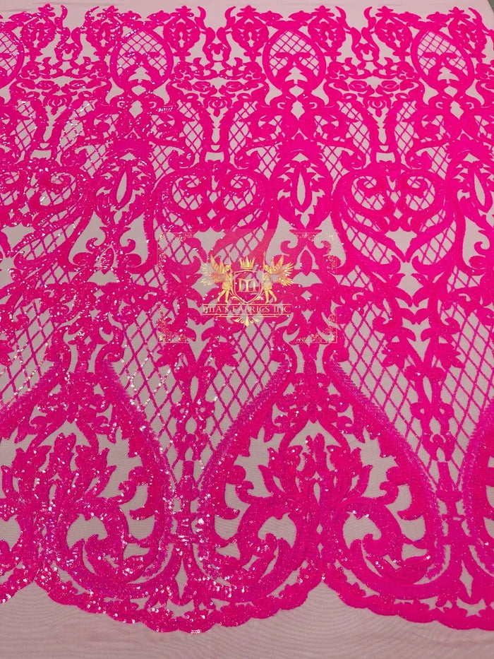 Heart Shape Sequins Fabric - Hot Pink - 4 Way Stretch Sequins Damask Fabric By Yard