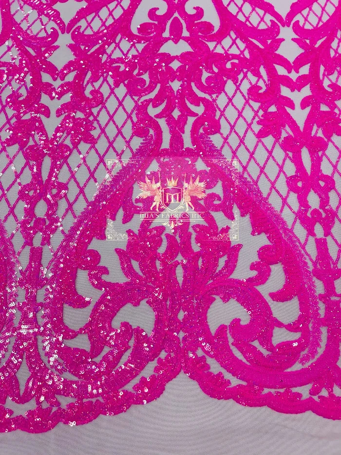 Heart Shape Sequins Fabric - Hot Pink - 4 Way Stretch Sequins Damask Fabric By Yard
