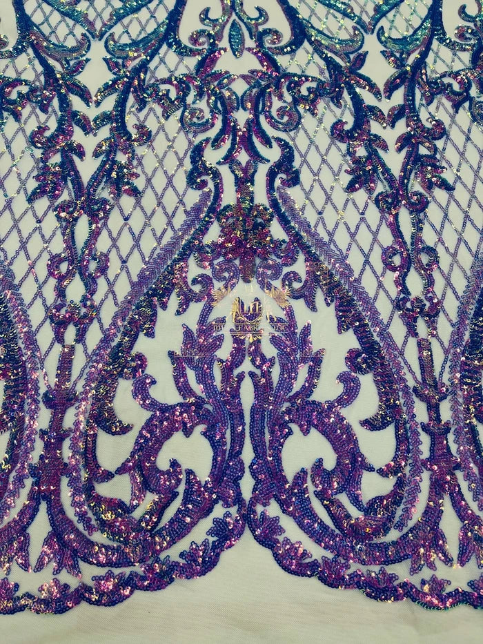 Heart Shape Sequins Fabric - Lavender - 4 Way Stretch Sequins Damask Fabric By Yard
