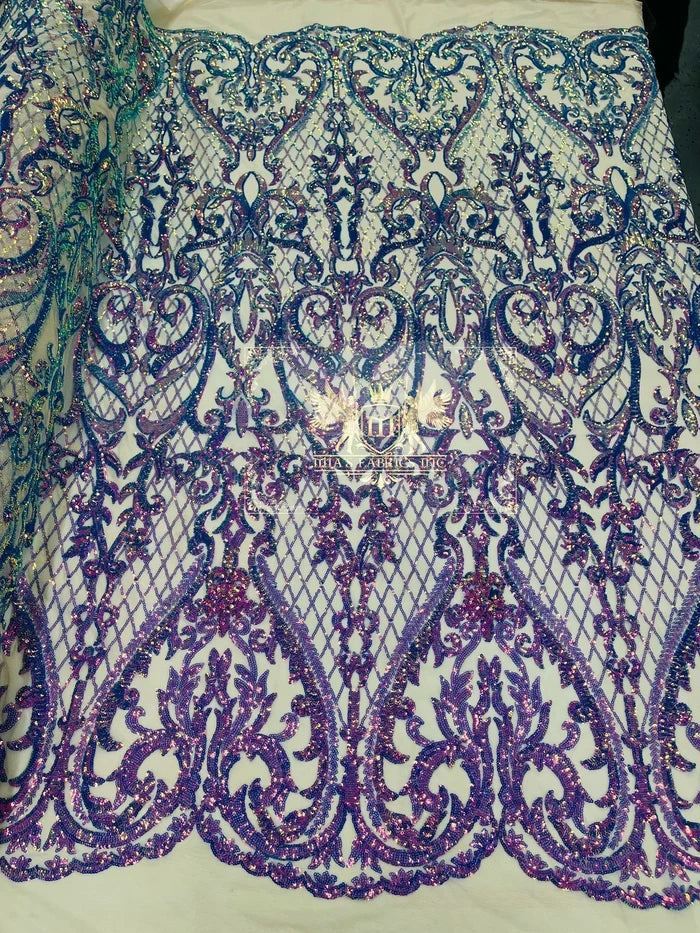 Heart Shape Sequins Fabric - Lavender - 4 Way Stretch Sequins Damask Fabric By Yard