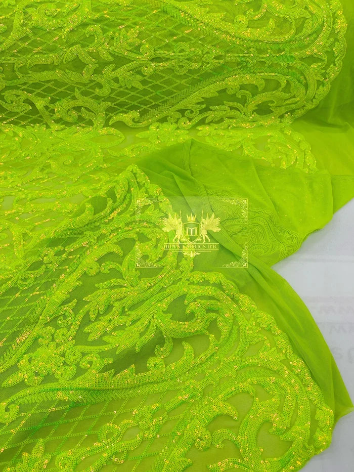 Heart Shape Sequins Fabric - Lime Green - 4 Way Stretch Sequins Damask Fabric By Yard