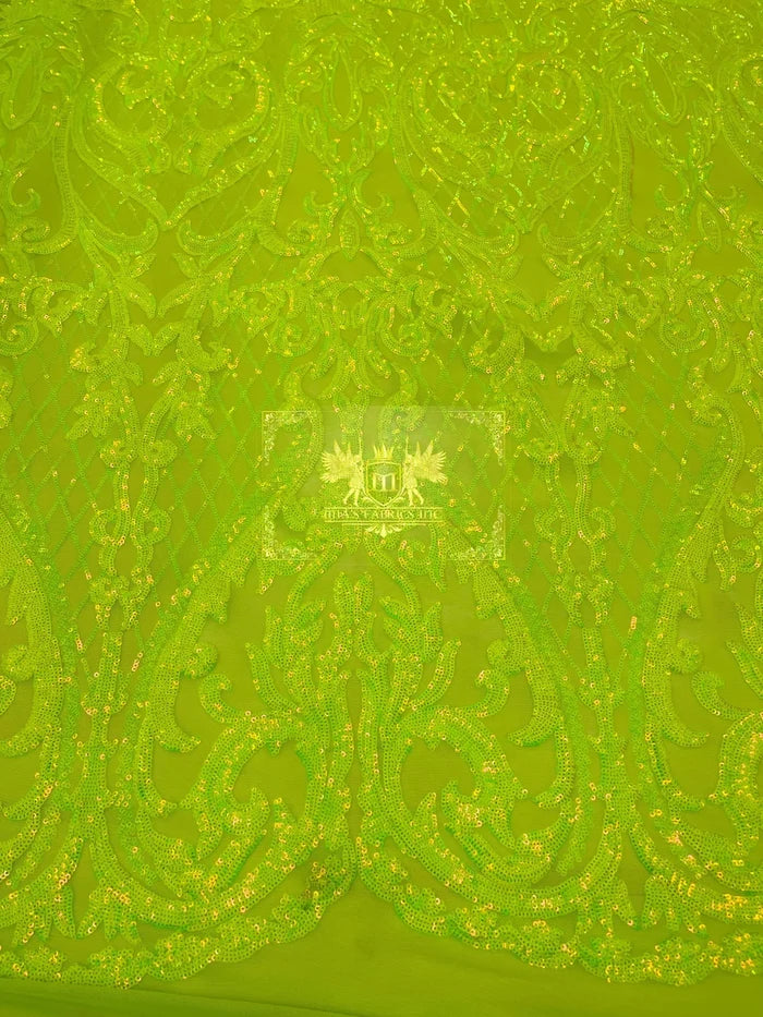 Heart Shape Sequins Fabric - Lime Green - 4 Way Stretch Sequins Damask Fabric By Yard