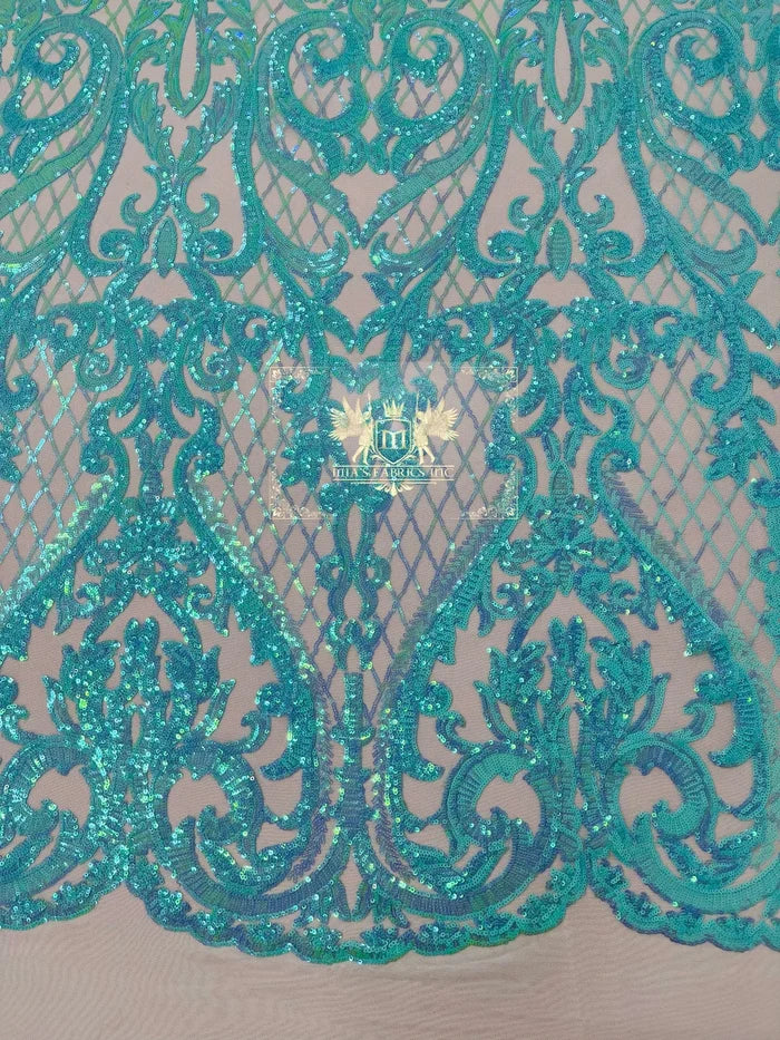Heart Shape Sequins Fabric - Mint - 4 Way Stretch Sequins Damask Fabric By Yard