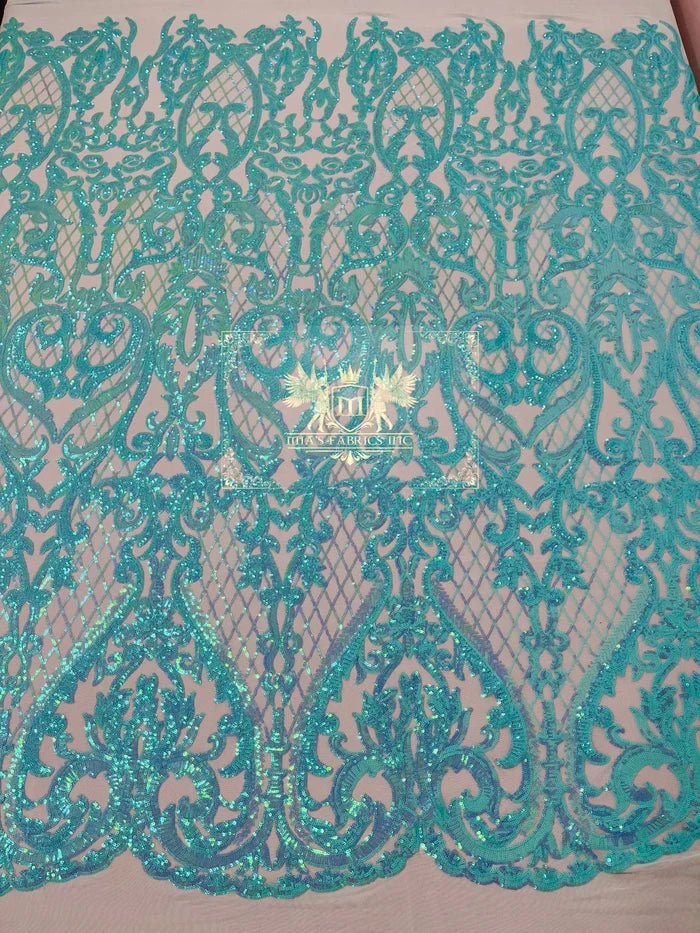 Heart Shape Sequins Fabric - Mint - 4 Way Stretch Sequins Damask Fabric By Yard