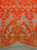 Heart Shape Sequins Fabric - Orange Iridescent - 4 Way Stretch Sequins Damask Fabric By Yard