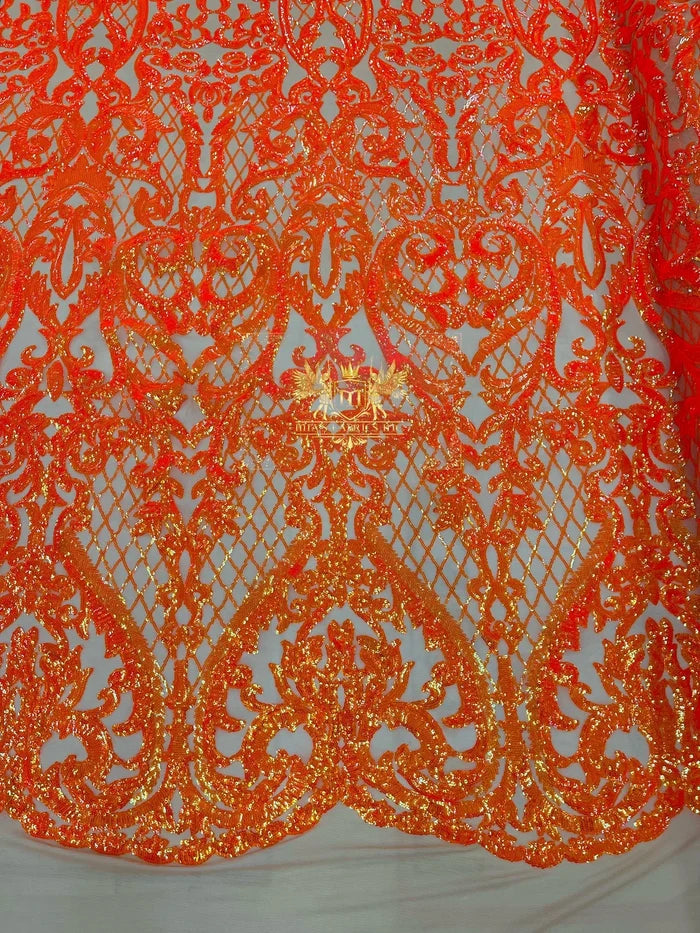 Heart Shape Sequins Fabric - Orange Iridescent - 4 Way Stretch Sequins Damask Fabric By Yard