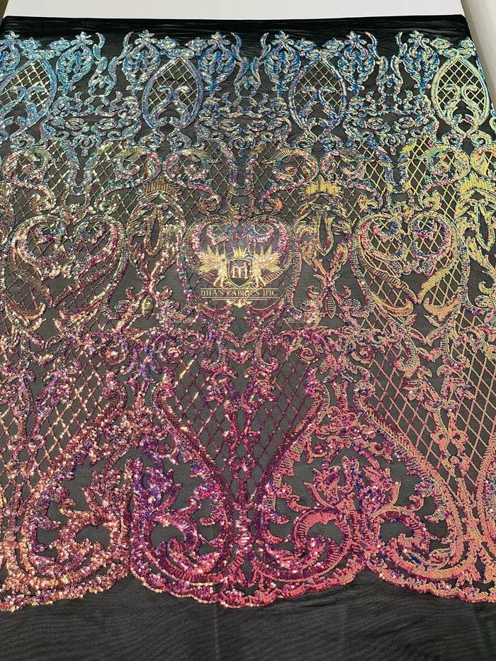 Heart Shape Sequins Fabric - Rainbow - 4 Way Stretch Sequins Damask Fabric By Yard