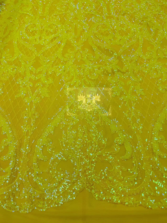 Heart Shape Sequins Fabric - Yellow Iridescent - 4 Way Stretch Sequins Damask Fabric By Yard