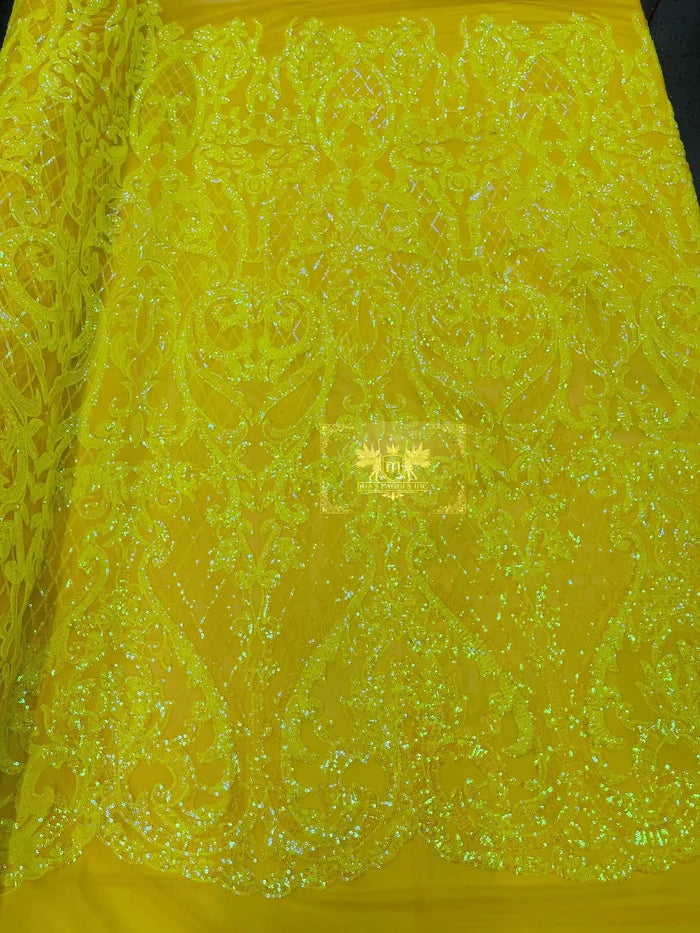 Heart Shape Sequins Fabric - Yellow Iridescent - 4 Way Stretch Sequins Damask Fabric By Yard