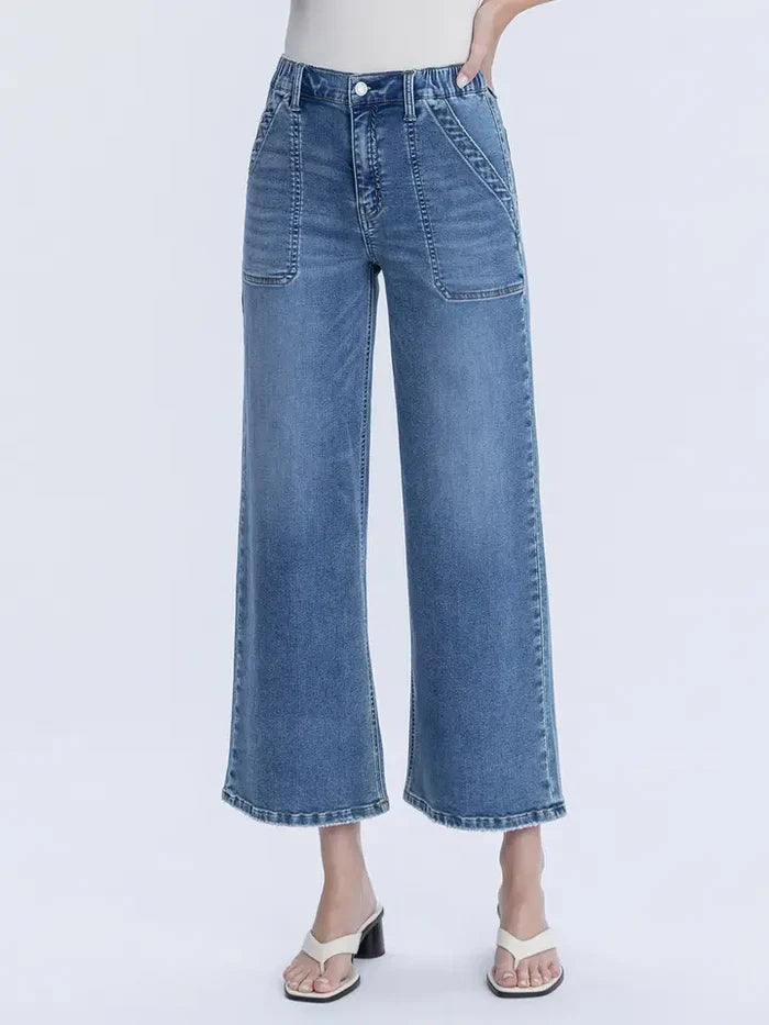 High Rise Elastic Waistband Ankle Baggy Wide Jeans