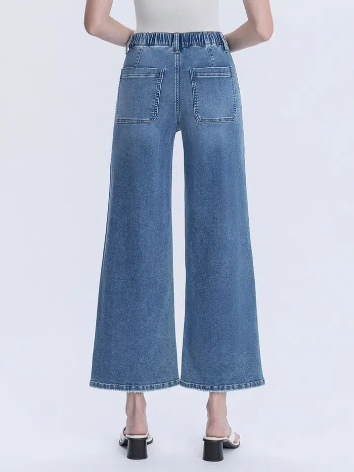 High Rise Elastic Waistband Ankle Baggy Wide Jeans