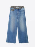 High Rise Leopard Print Waistband Ankle Wide Jeans