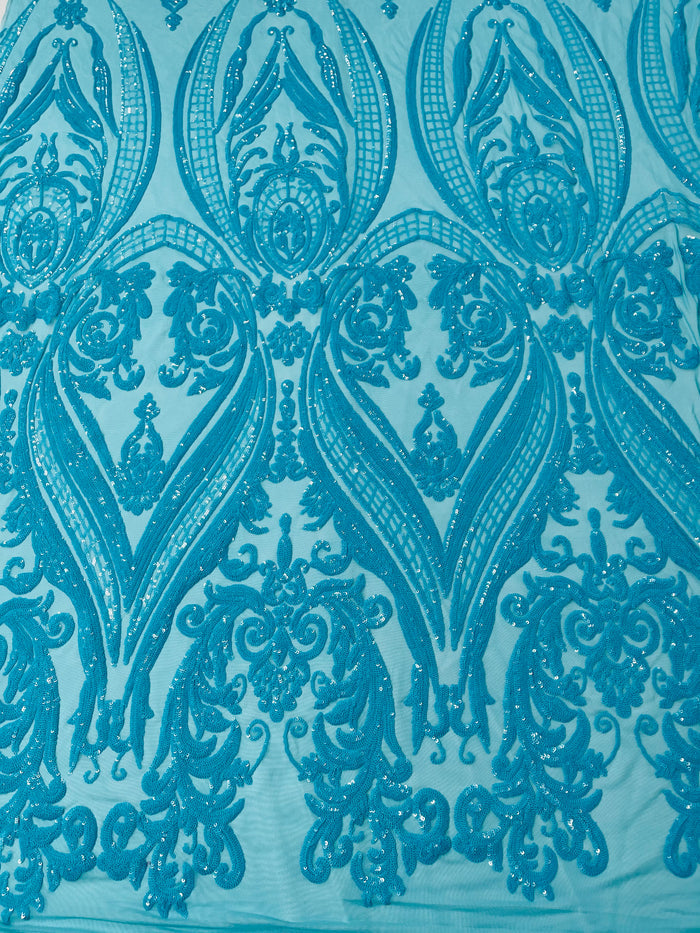 Sequins Fabric - Turquoise - 4 Way Stretch Sequins Damask Fabric By Yard