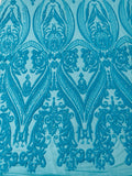 Sequins Fabric - Turquoise - 4 Way Stretch Sequins Damask Fabric By Yard