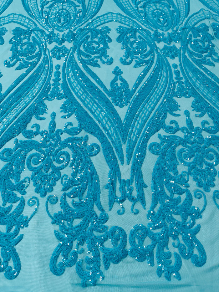 Sequins Fabric - Turquoise - 4 Way Stretch Sequins Damask Fabric By Yard