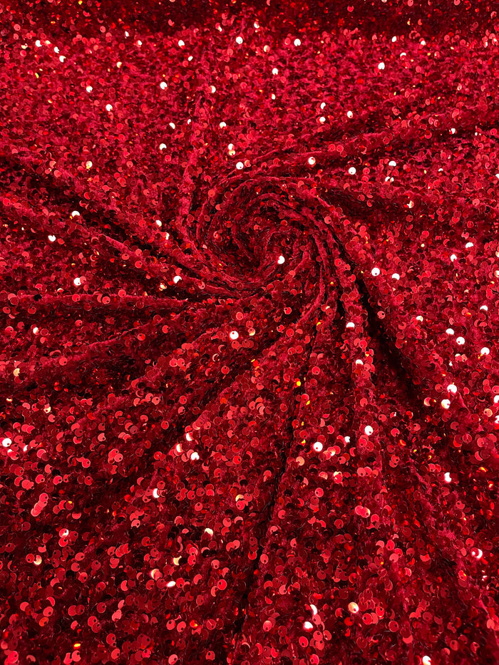 Red Sequin Fabric on Cranberry Stretch Velvet - by the yard - Sequins Velvet 2-Way Stretch