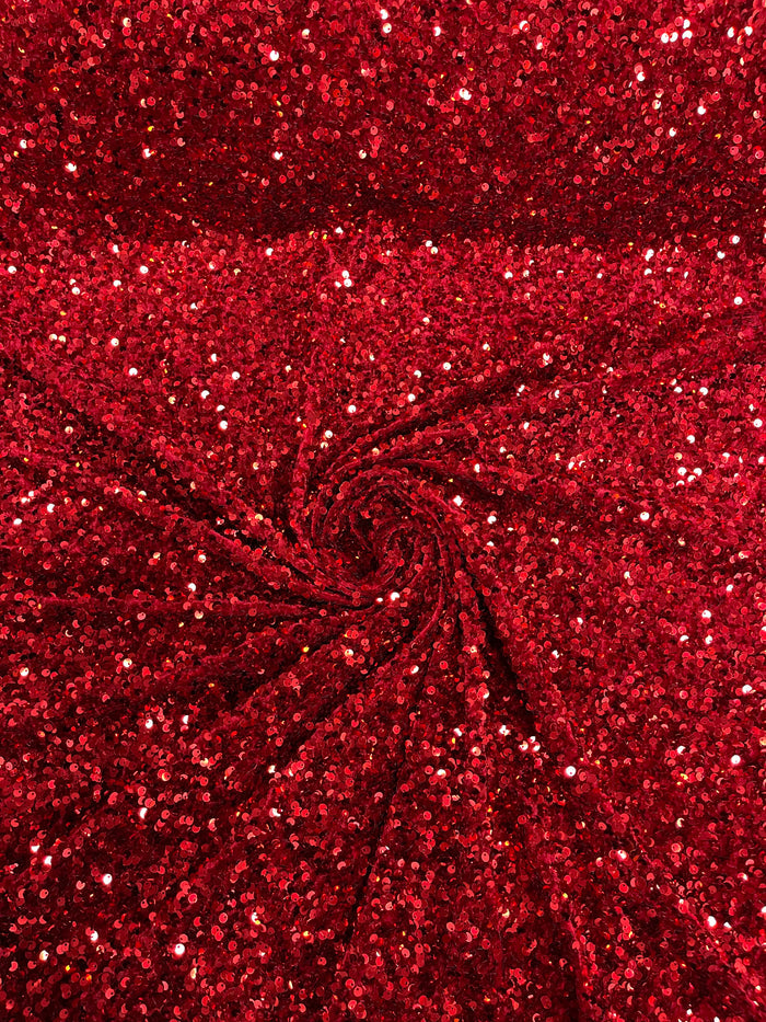 Red Sequin Fabric on Cranberry Stretch Velvet - by the yard - Sequins Velvet 2-Way Stretch