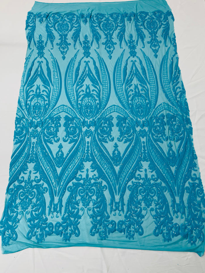 Sequins Fabric - Turquoise - 4 Way Stretch Sequins Damask Fabric By Yard