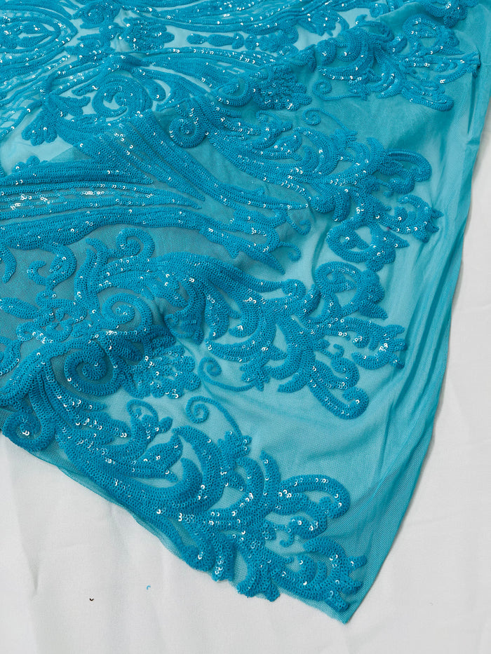 Sequins Fabric - Turquoise - 4 Way Stretch Sequins Damask Fabric By Yard