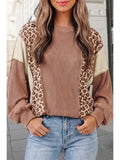 Leopard Print Colorblock Ribbed Knit Pullover Top