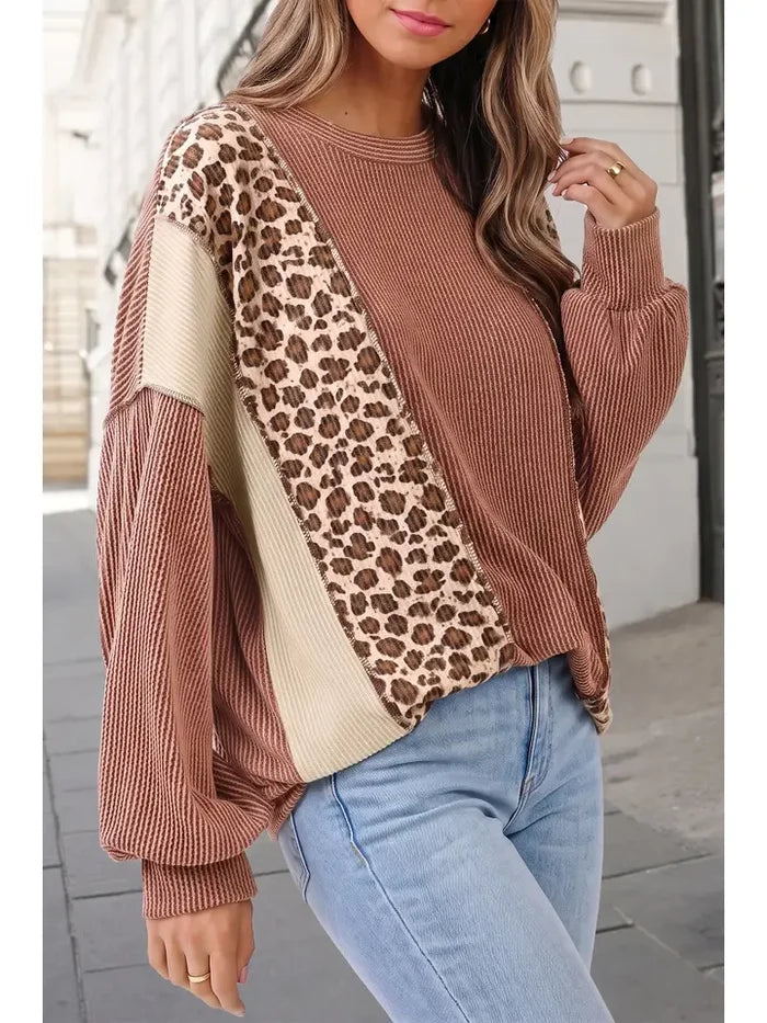 Leopard Print Colorblock Ribbed Knit Pullover Top