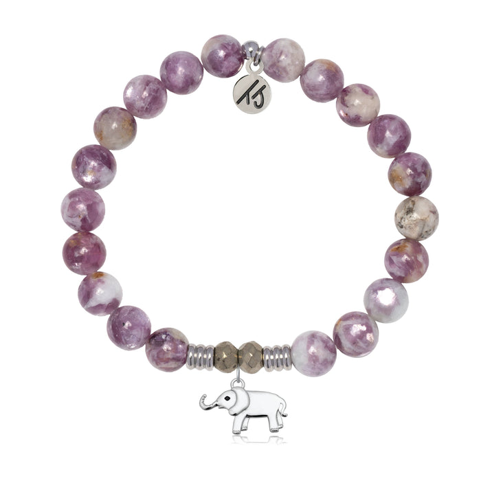 Lepidolite Quartz Gemstone Bracelet with Lucky Elephant Cutout Sterling Silver Charm