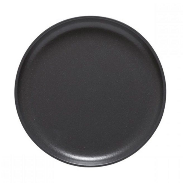 The Casafina/Costa Nova Livia Dinnerware Matte Black tray is a round, flat serving piece with a smooth surface, shown from above as part of a modern stoneware dinner set on a plain white background.