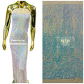 Long Wavy Line Design Sequins - Aqua Blue Iridescent - 4 Way Stretch Sequin Design on Mesh Fabric By Yard