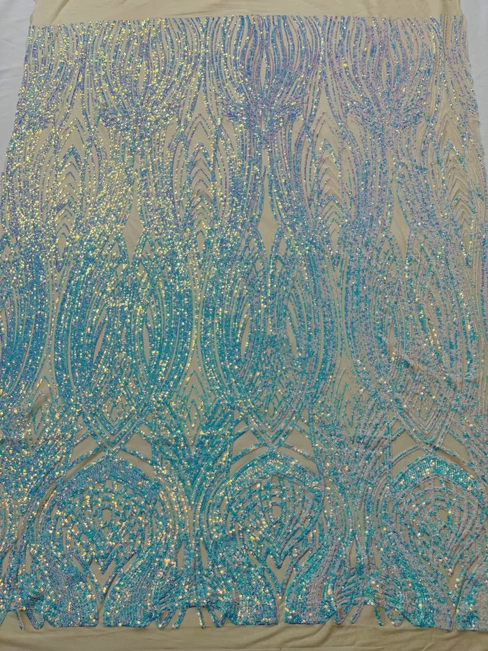 Long Wavy Line Design Sequins - Aqua Blue Iridescent - 4 Way Stretch Sequin Design on Mesh Fabric By Yard
