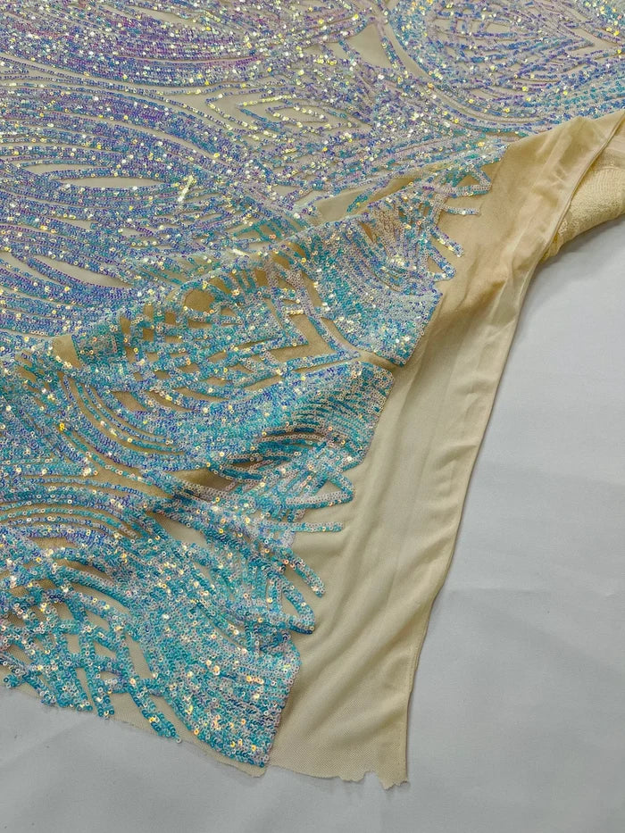 Long Wavy Line Design Sequins - Aqua Blue Iridescent - 4 Way Stretch Sequin Design on Mesh Fabric By Yard