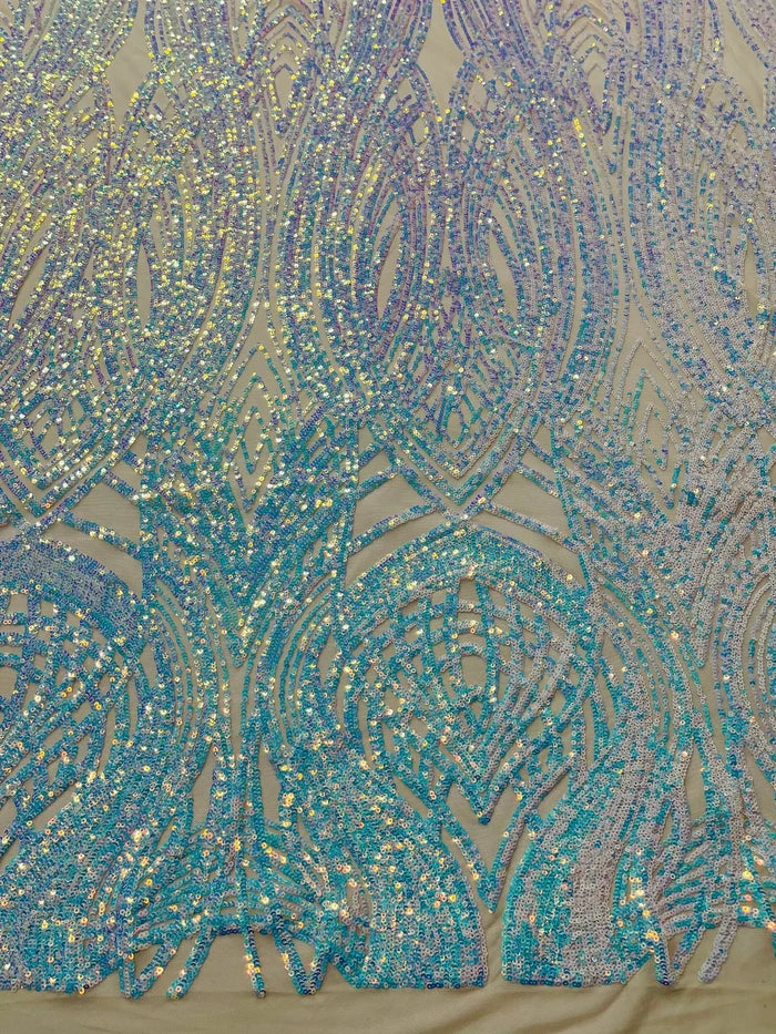 Long Wavy Line Design Sequins - Aqua Blue Iridescent - 4 Way Stretch Sequin Design on Mesh Fabric By Yard