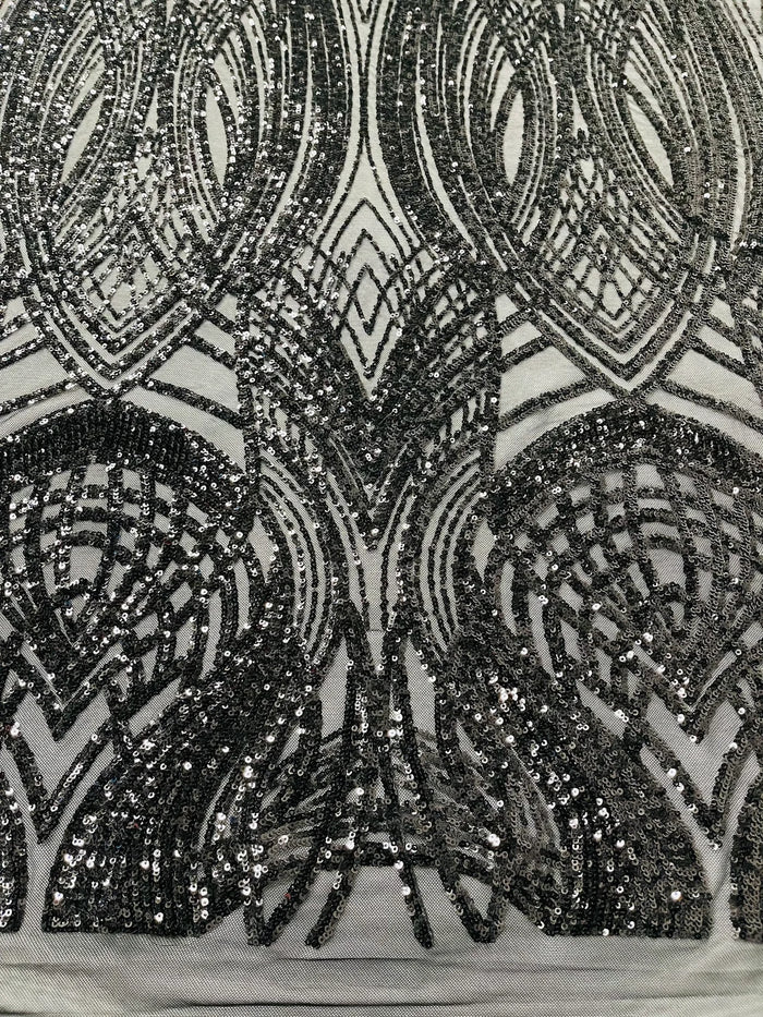 Long Wavy Line Design Sequins - Black - 4 Way Stretch Sequin Design on Mesh Fabric By Yard