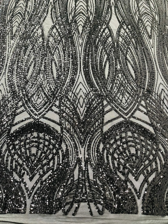 Long Wavy Line Design Sequins - Black - 4 Way Stretch Sequin Design on Mesh Fabric By Yard