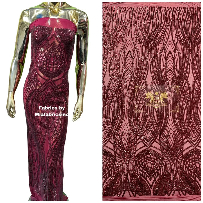 Long Wavy Line Design Sequins - Burgundy - 4 Way Stretch Sequin Design on Mesh Fabric By Yard