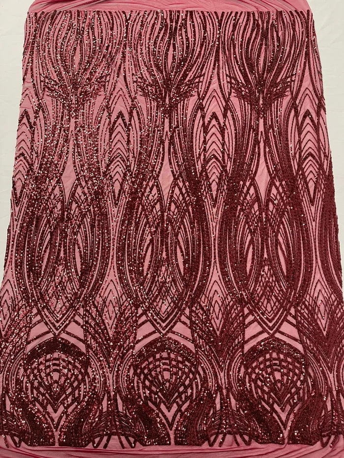 Long Wavy Line Design Sequins - Burgundy - 4 Way Stretch Sequin Design on Mesh Fabric By Yard
